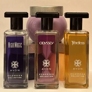 Avon Night Magic & Odyssey & Timeless cologne sprays + perfumed skin softeners